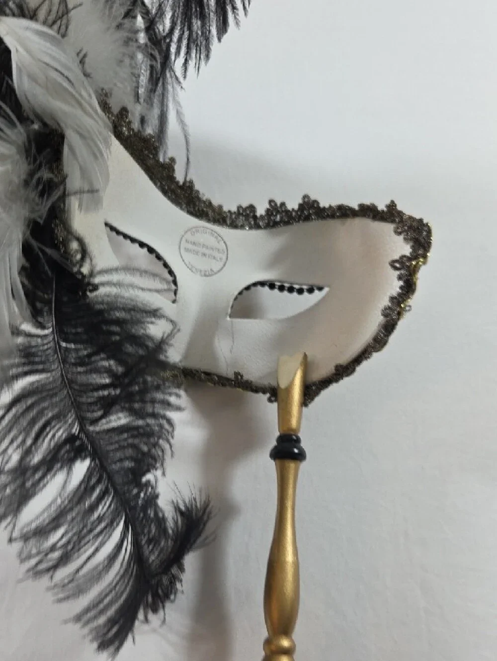 Gold Handheld Masquerade Leather Mask Black White Feathers Italy Handpainted
